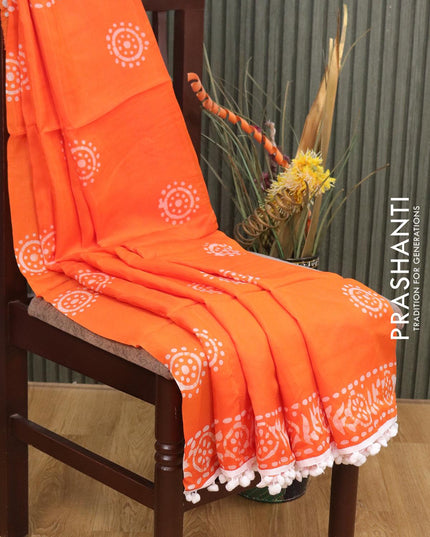 Organza saree orange with allover batik prints and bom lace work border - {{ collection.title }} by Prashanti Sarees