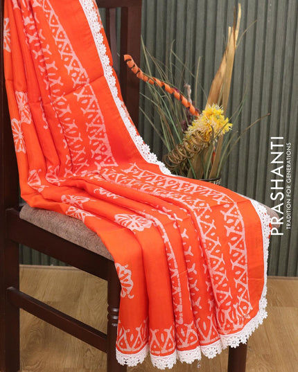 Organza saree orange with allover batik prints and crocia lace work border - {{ collection.title }} by Prashanti Sarees