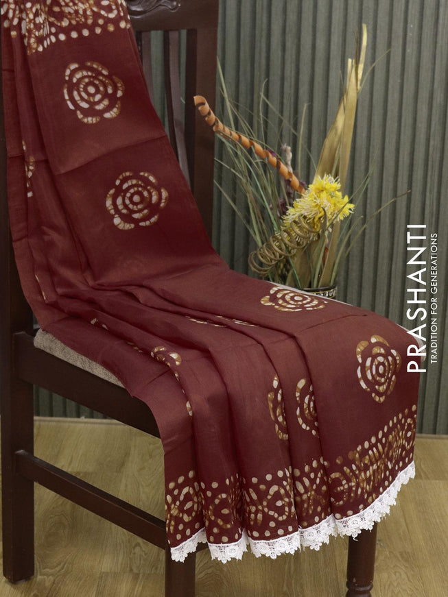 Organza saree rust shade with allover batik prints and crocia lace work border - {{ collection.title }} by Prashanti Sarees