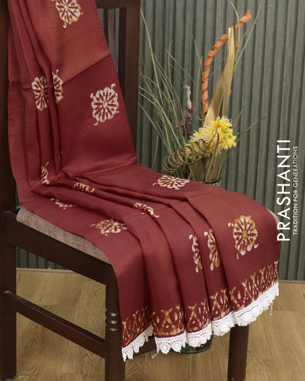 Organza saree rust shade with allover batik prints and crocia lace work border - {{ collection.title }} by Prashanti Sarees