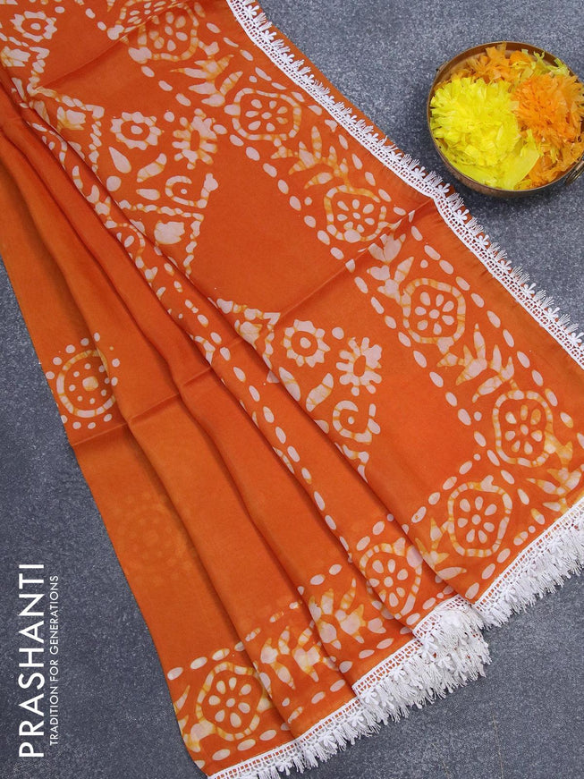 Organza saree sunset orange with allover batik prints and crocia lace work border - {{ collection.title }} by Prashanti Sarees