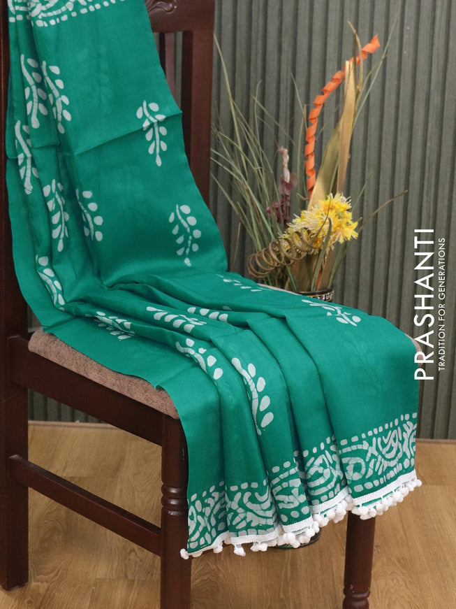 Organza saree teal green with allover batik prints and bom lace work border - {{ collection.title }} by Prashanti Sarees