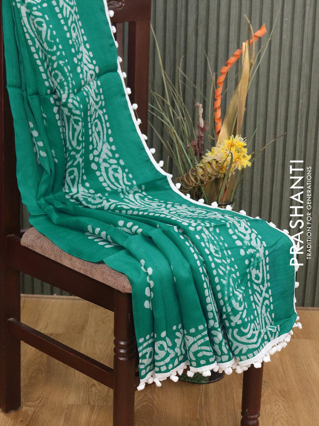 Organza saree teal green with allover batik prints and bom lace work border - {{ collection.title }} by Prashanti Sarees