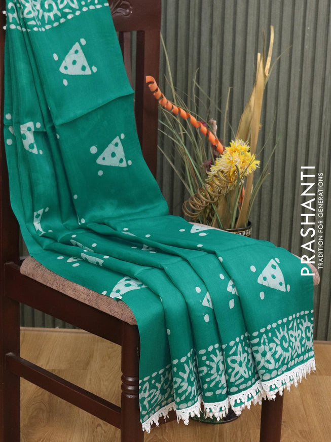 Organza saree teal green with allover batik prints and crocia lace work border - {{ collection.title }} by Prashanti Sarees