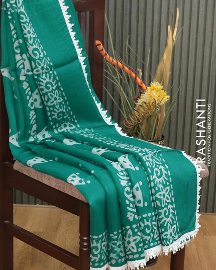 Organza saree teal green with allover batik prints and crocia lace work border - {{ collection.title }} by Prashanti Sarees