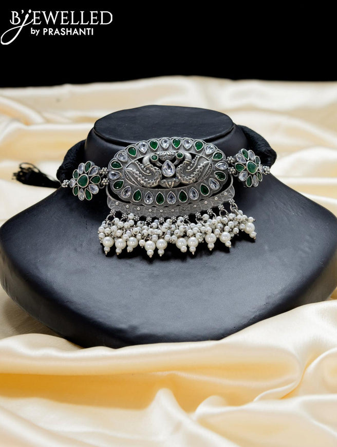 Oxidised choker emerald and cz stone with pearl hangings - {{ collection.title }} by Prashanti Sarees