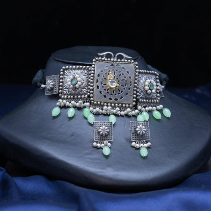 Oxidised choker floral design with mint green stones and monalisa beads hangings - {{ collection.title }} by Prashanti Sarees