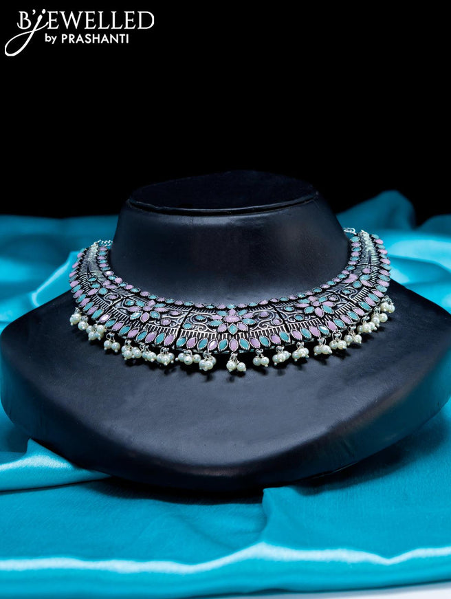 Oxidised choker light blue and baby pink stone with pearl hangings - {{ collection.title }} by Prashanti Sarees