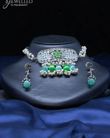 Oxidised choker mint green stone with monalisa beads and pearl hangings - {{ collection.title }} by Prashanti Sarees