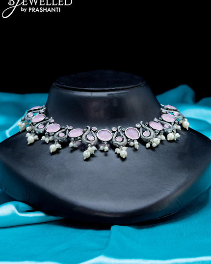 Oxidised Choker with baby pink stone and pearl hangings - {{ collection.title }} by Prashanti Sarees