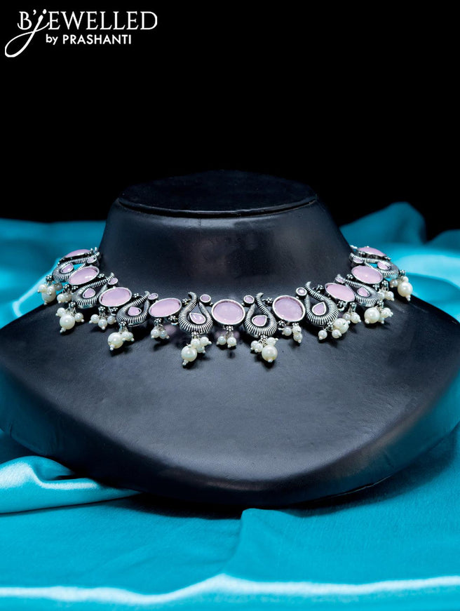 Oxidised Choker with baby pink stone and pearl hangings - {{ collection.title }} by Prashanti Sarees