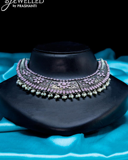Oxidised choker with baby pink stone and pearl hangings - {{ collection.title }} by Prashanti Sarees