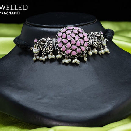 Oxidised choker with baby pink stones and pearl hangings - {{ collection.title }} by Prashanti Sarees