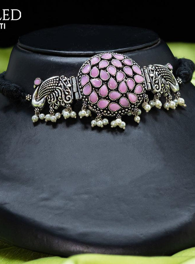 Oxidised choker with baby pink stones and pearl hangings - {{ collection.title }} by Prashanti Sarees