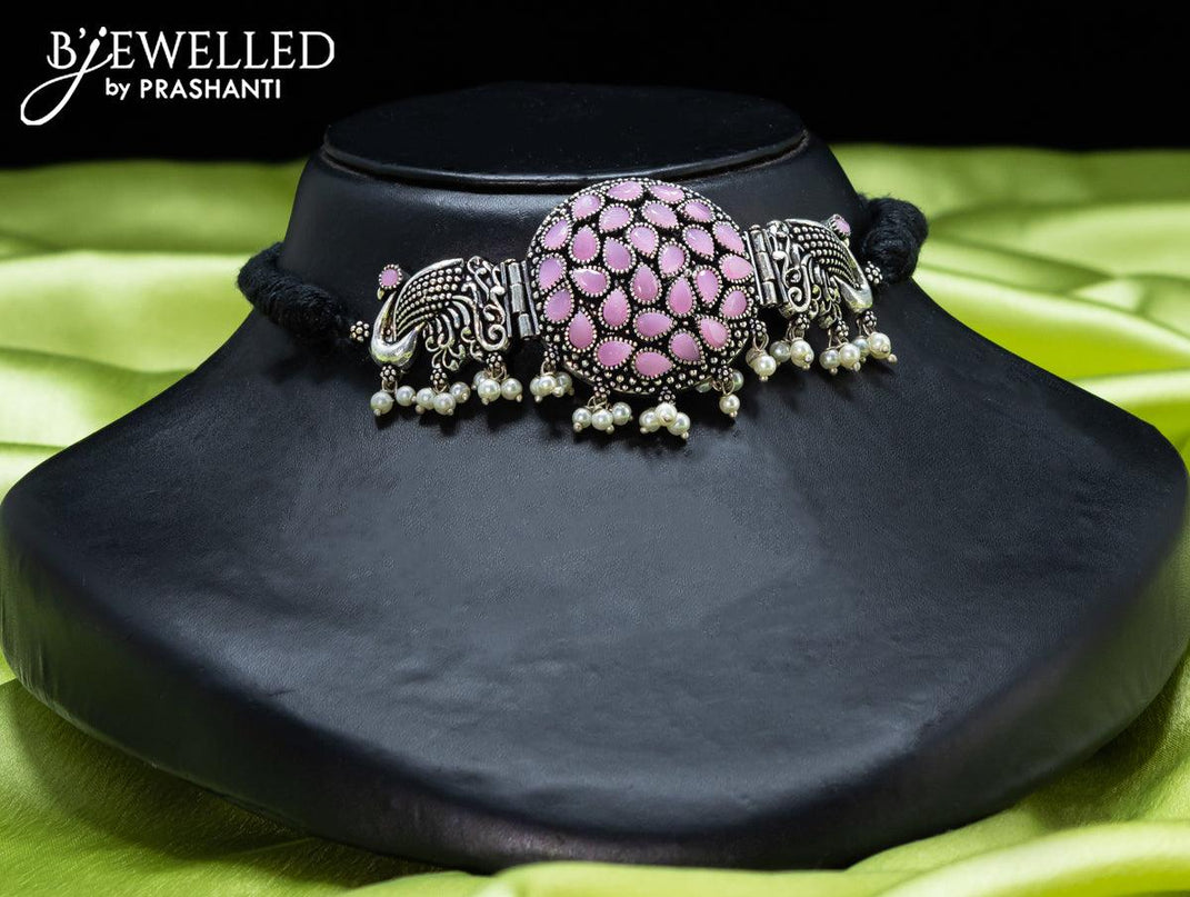 Oxidised choker with baby pink stones and pearl hangings - {{ collection.title }} by Prashanti Sarees