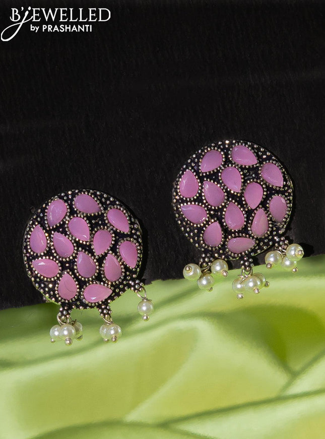 Oxidised choker with baby pink stones and pearl hangings - {{ collection.title }} by Prashanti Sarees