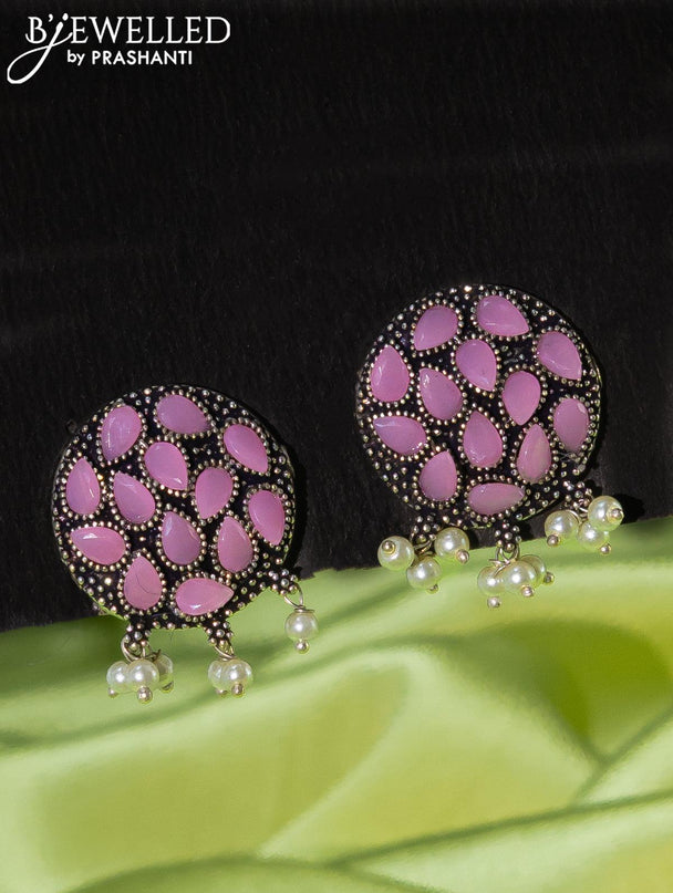 Oxidised choker with baby pink stones and pearl hangings - {{ collection.title }} by Prashanti Sarees