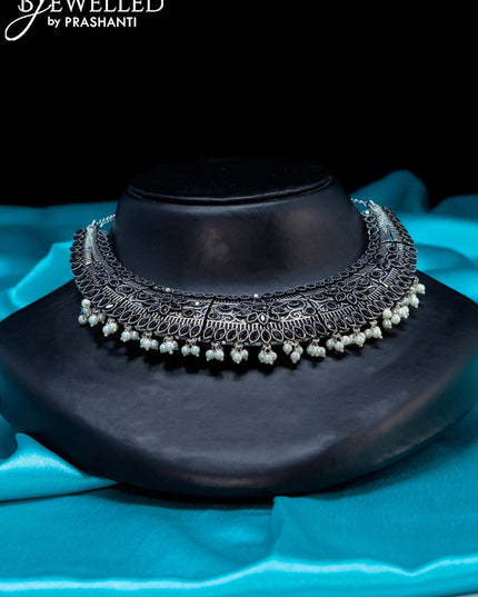 Oxidised Choker with black stone and pearl hangings - {{ collection.title }} by Prashanti Sarees