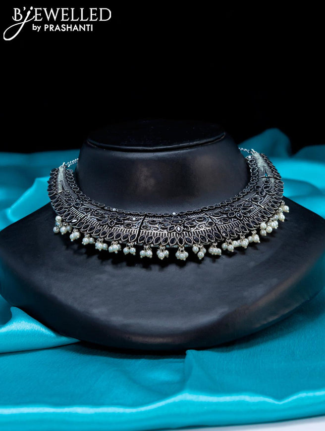 Oxidised Choker with black stone and pearl hangings - {{ collection.title }} by Prashanti Sarees