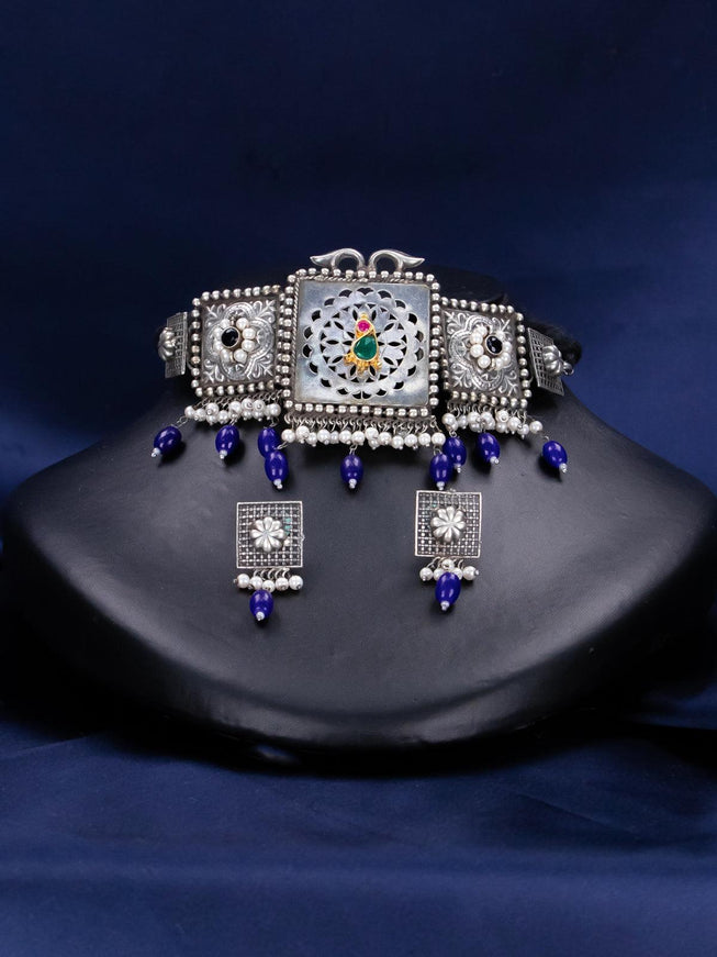 Oxidised choker with blue beads and pearl hangings - {{ collection.title }} by Prashanti Sarees