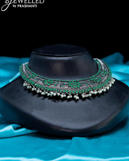 Oxidised Choker with emerald stone and pearl hangings - {{ collection.title }} by Prashanti Sarees