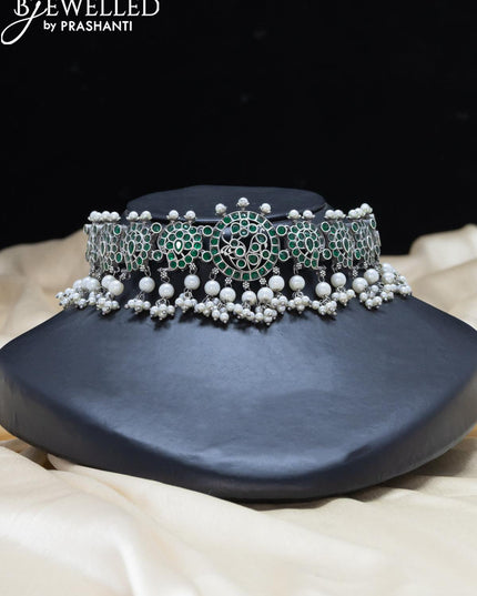 Oxidised choker with emerald stone and pearl hangings - {{ collection.title }} by Prashanti Sarees