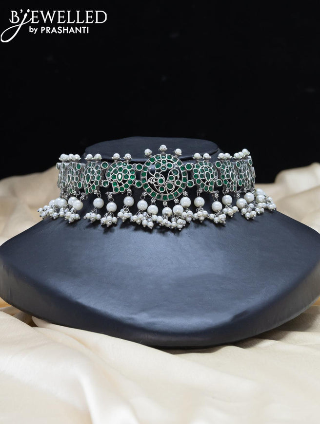 Oxidised choker with emerald stone and pearl hangings - {{ collection.title }} by Prashanti Sarees