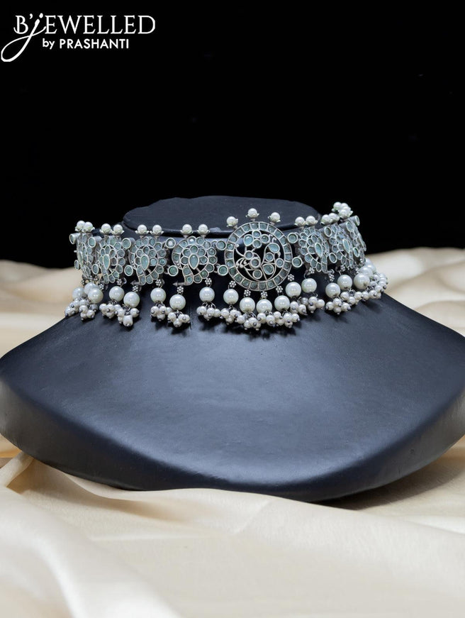 Oxidised choker with ice blue stone and pearl hangings - {{ collection.title }} by Prashanti Sarees