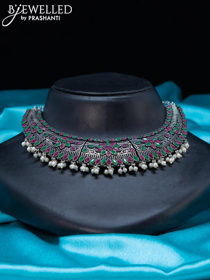 Oxidised Choker with kemp stone and pearl hangings - {{ collection.title }} by Prashanti Sarees