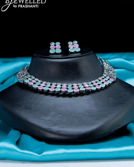 Oxidised Choker with light blue and baby pink stone - {{ collection.title }} by Prashanti Sarees