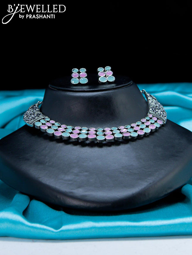 Oxidised Choker with light blue and baby pink stone - {{ collection.title }} by Prashanti Sarees