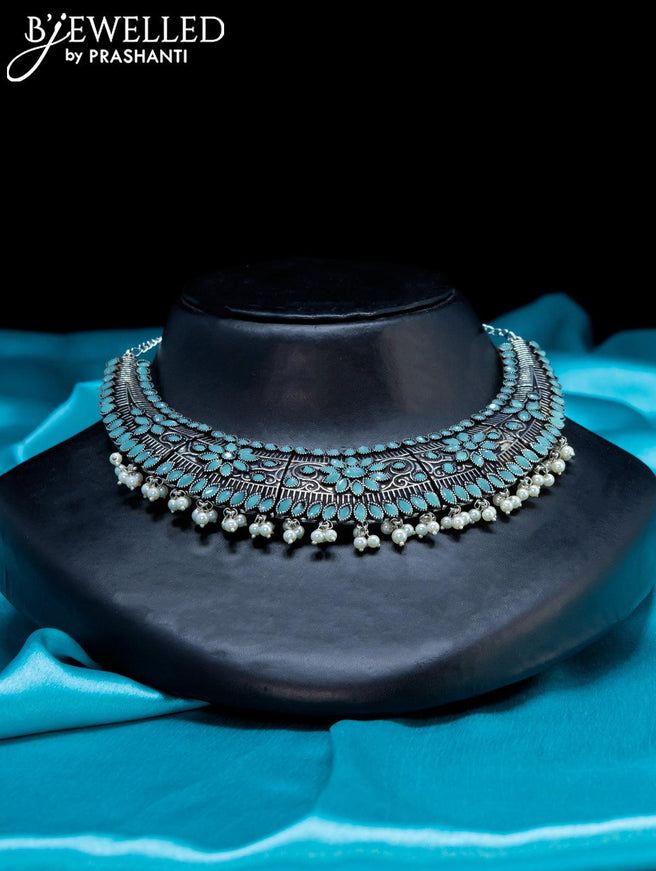 Oxidised choker with light blue stone and pearl hangings - {{ collection.title }} by Prashanti Sarees