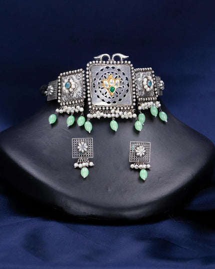 Oxidised choker with mint green beads and pearl hangings - {{ collection.title }} by Prashanti Sarees