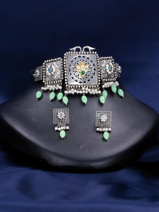Oxidised choker with mint green beads and pearl hangings - {{ collection.title }} by Prashanti Sarees