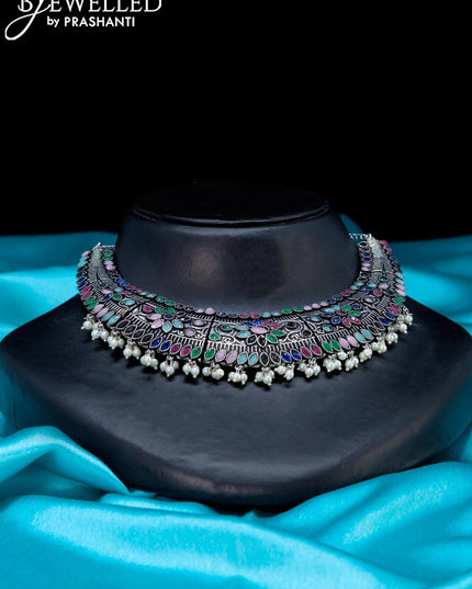 Oxidised choker with multicolour stone and pearl hangings - {{ collection.title }} by Prashanti Sarees