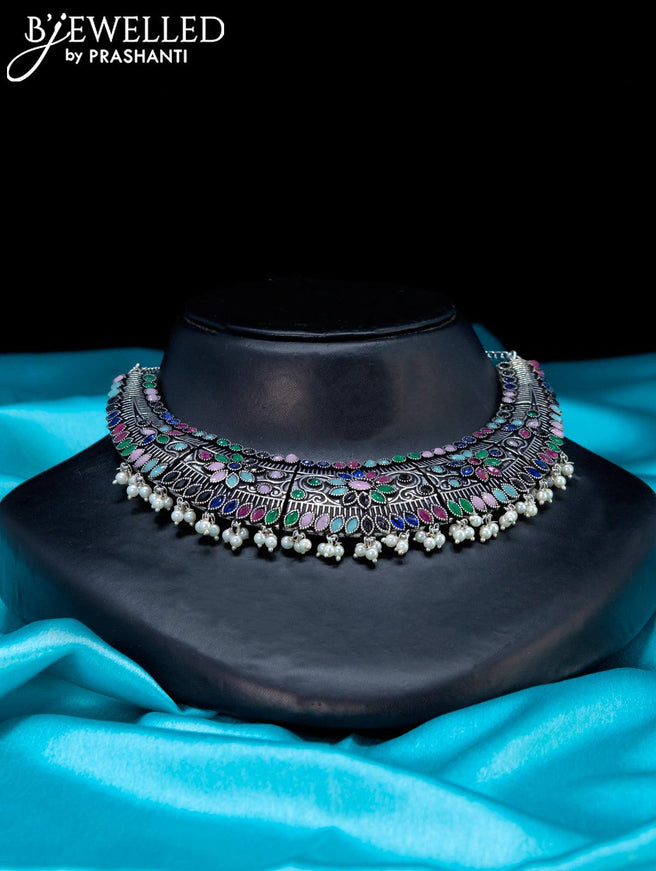 Oxidised choker with multicolour stone and pearl hangings - {{ collection.title }} by Prashanti Sarees