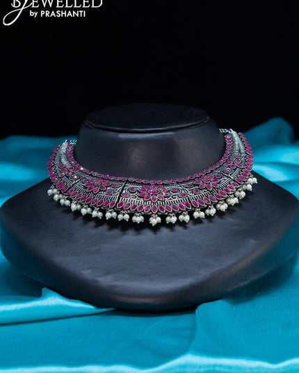 Oxidised Choker with ruby stone and pearl hangings - {{ collection.title }} by Prashanti Sarees