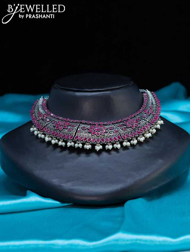 Oxidised Choker with ruby stone and pearl hangings - {{ collection.title }} by Prashanti Sarees
