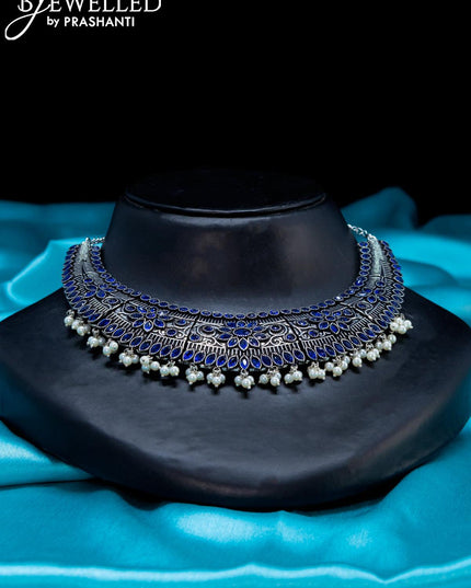 Oxidised choker with sapphire stone and pearl hangings - {{ collection.title }} by Prashanti Sarees