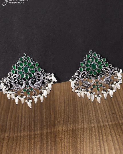 Oxidised earring double peacock design with emerald stones and pearl hangings - {{ collection.title }} by Prashanti Sarees