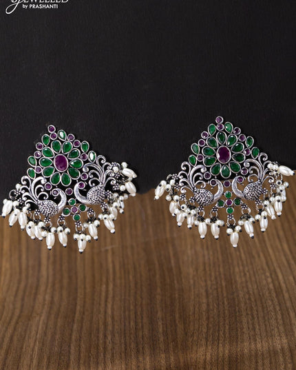Oxidised earring double peacock design with kemp stones and pearl hangings - {{ collection.title }} by Prashanti Sarees