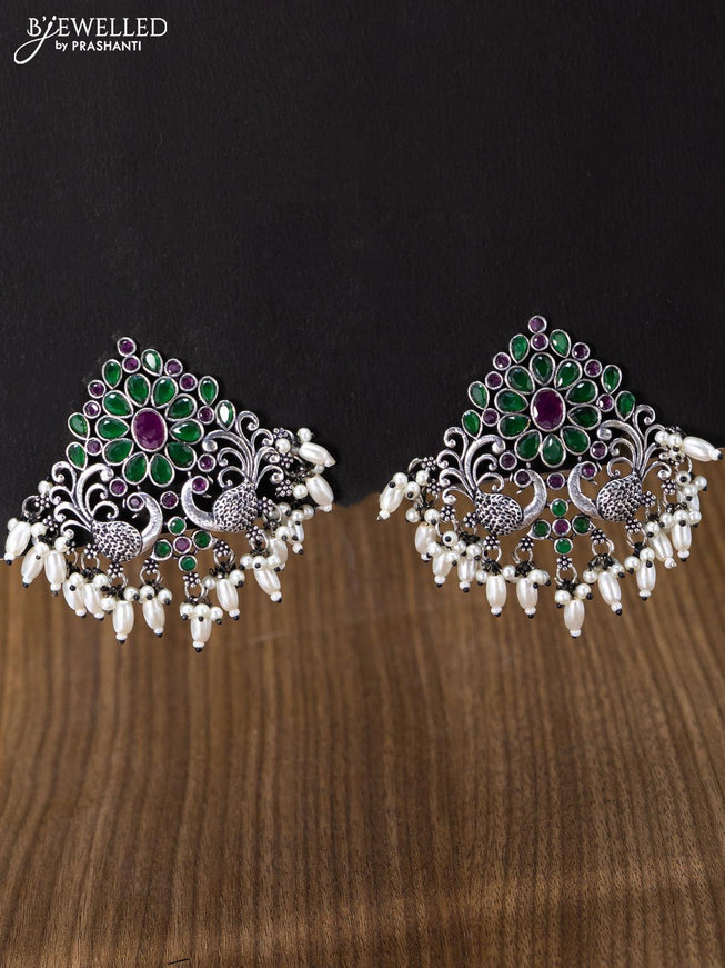 Oxidised earring double peacock design with kemp stones and pearl hangings - {{ collection.title }} by Prashanti Sarees