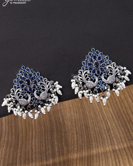 Oxidised earring double peacock design with sapphire stones and pearl hangings - {{ collection.title }} by Prashanti Sarees