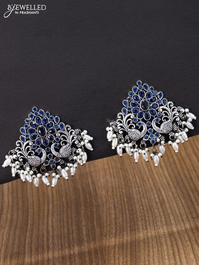 Oxidised earring double peacock design with sapphire stones and pearl hangings - {{ collection.title }} by Prashanti Sarees