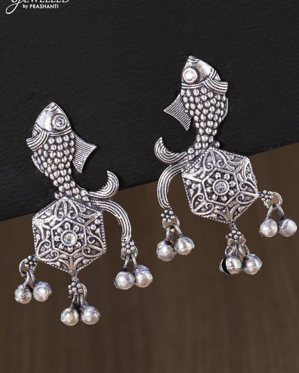 Oxidised earring fish design with cz stone and hangings - {{ collection.title }} by Prashanti Sarees