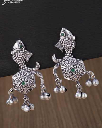 Oxidised earring fish design with emerald stone and hangings - {{ collection.title }} by Prashanti Sarees