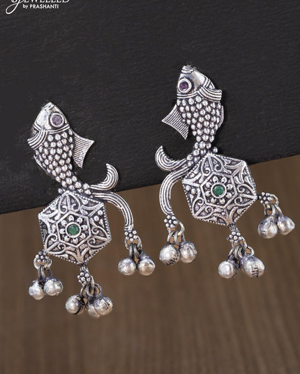 Oxidised earring fish design with kemp stone and hangings - {{ collection.title }} by Prashanti Sarees