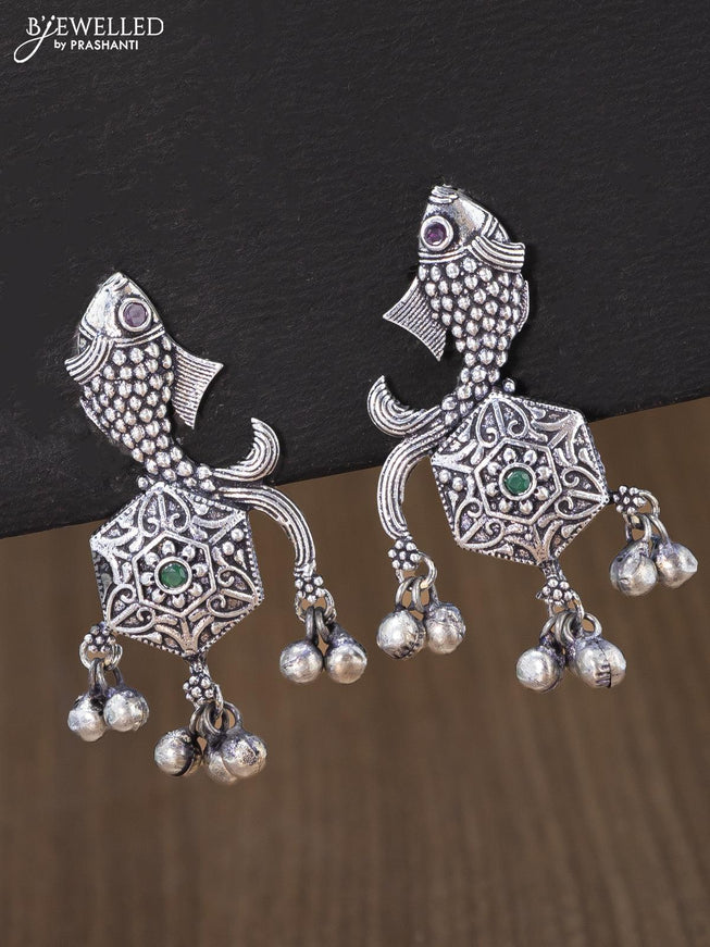 Oxidised earring fish design with kemp stone and hangings - {{ collection.title }} by Prashanti Sarees