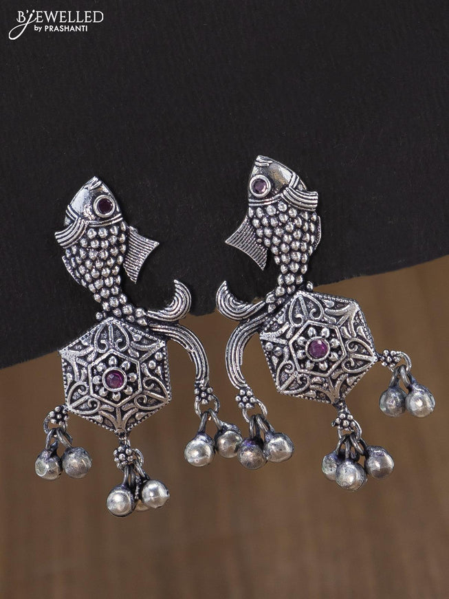 Oxidised earring fish design with pink kemp stone and hangings - {{ collection.title }} by Prashanti Sarees