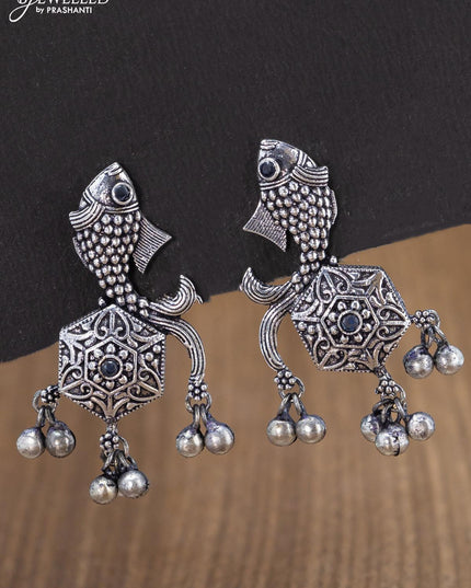 Oxidised earring fish design with sapphire stone and hangings - {{ collection.title }} by Prashanti Sarees
